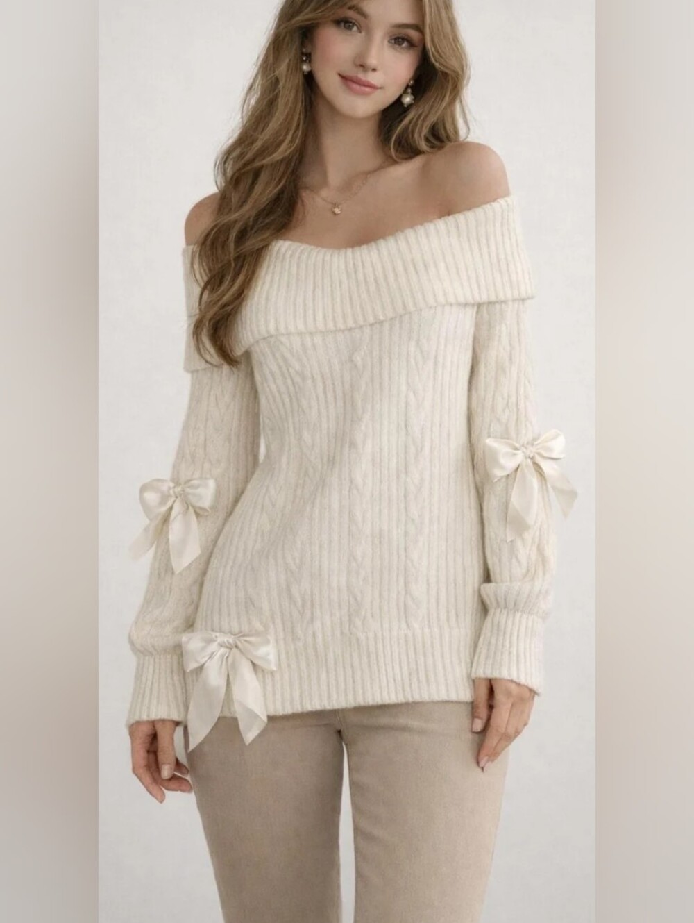 C Wonder By Christian Siriano Women's Ivory Cable Knit Bow Accents Sweater Sz M